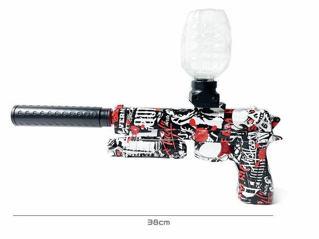 Gel Blaster - Elektropistole - Graffiti - Komplettset inkl. Gelkugeln - wiederaufladbar - 37 CM Dieser wiederaufladbare Gel-Blaster kann insgesamt 30-40 Meter weit schie&szlig;en. Es ist einfach nachzuladen, sodass Sie problemlos st