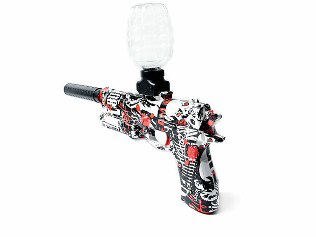 Gelblaster- Elektrische Pistool  - Rode Graffiti  - Inclusief Gelballen - Oplaadbaar - 38 cm