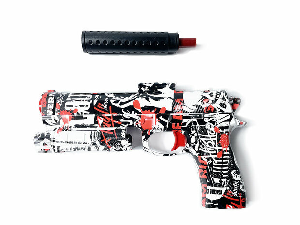 Gel Blaster - Elektropistole - Graffiti - Komplettset inkl. Gelkugeln - wiederaufladbar - 37 CM Dieser wiederaufladbare Gel-Blaster kann insgesamt 30-40 Meter weit schie&szlig;en. Es ist einfach nachzuladen, sodass Sie problemlos st