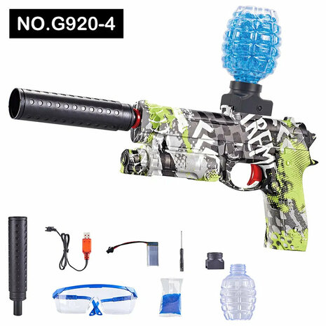 Gel Blaster - Pistolet &eacute;lectrique - Green Graffiti - set complet avec billes de gel - rechargeable - 38CM