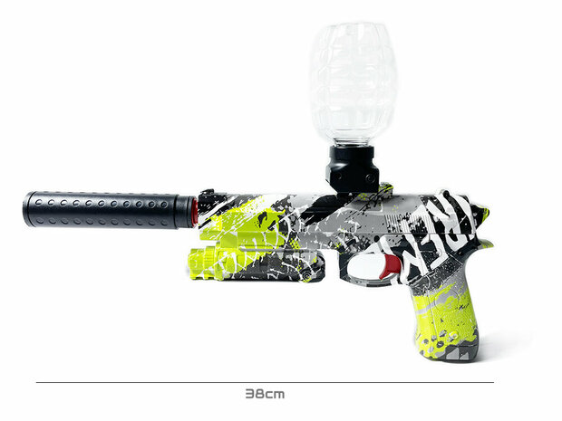 Gel Blaster - Pistolet &eacute;lectrique - Green Graffiti - set complet avec billes de gel - rechargeable - 38CM