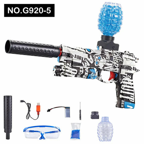 Gel Blaster - Pistolet &eacute;lectrique - Blue Graffiti - ensemble complet avec boules de gel - oplaadbaar - 38CM