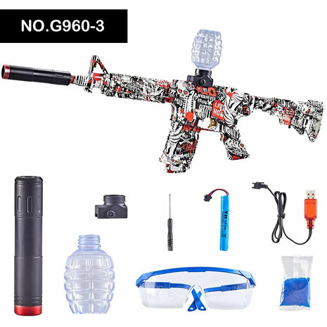 Gel Blaster - Pistolet &eacute;lectrique - Red Graffiti M4 - set complet avec billes de gel - rechargeable - 75CM