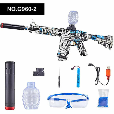 Gel Blaster - Electric rifle - Blue Graffiti M4 - complete set incl. gel balls - rechargeable - 75CM