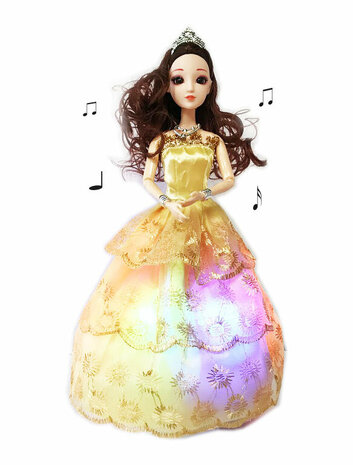 Prinzessin mit goldenem Galakleid mit fr&ouml;hlicher Musik und farbenfroher 3D-Beleuchtung, sie kann sich um 360 Grad drehen und tanzen.