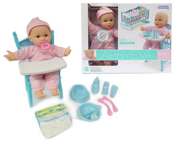 Baby Eva Puppe - Spielzeugbabypuppe mit Mittagstisch - inkl. 8 Zubeh&ouml;r