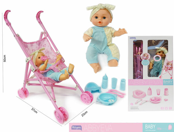 Baby doll Eva avec landau et accessoires - fait du bruit - poup&eacute;e jouet interactive