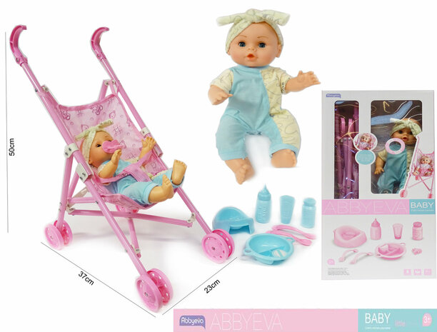 Baby doll Eva with carriage and accessories - makes noise - interactive toy doll