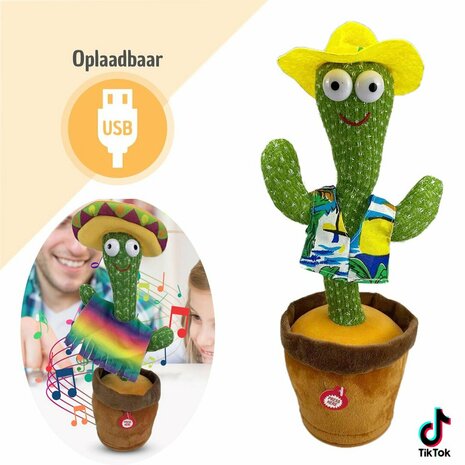 Speelgoed Cactus - USB Oplaadbaar - dansende en pratende cactus - interactief knuffel 32cm