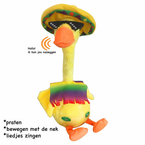 Pratende Eend met kostuum  - Oplaadbaar - Dansende en Pratende Interactieve Knuffel 32CM - bekend van TikTok - Talking &amp; dancing Duck - voice opname - 120 liedjes - Pluche Speelgoed