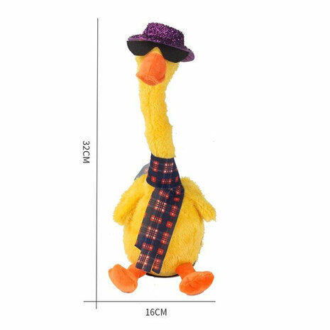 Pratende Eend met kostuum  - Oplaadbaar - Dansende en Pratende Interactieve Knuffel 32CM - bekend van TikTok - Talking &amp; dancing Duck - voice opname - 120 liedjes - Pluche Speelgoed