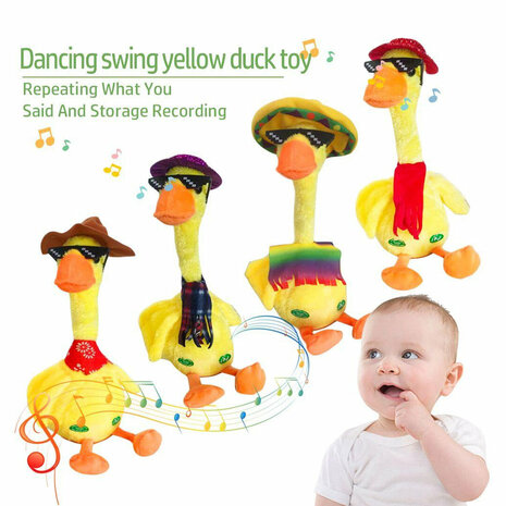 Pratende Eend met kostuum  - Oplaadbaar - Dansende en Pratende Interactieve Knuffel 32CM - bekend van TikTok - Talking &amp; dancing Duck - voice opname - 120 liedjes - Pluche Speelgoed
