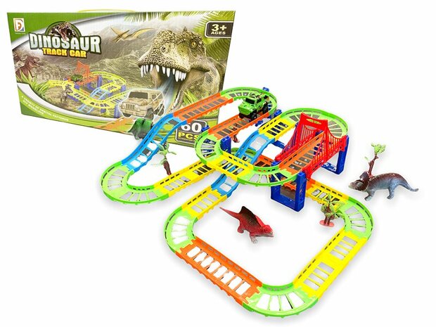 Ensemble de piste de course Dinosaurus - Ensemble de voiture de piste de dinosaure 60 pi&egrave;ces - y compris les dinosaures + la voiture et les accessoires