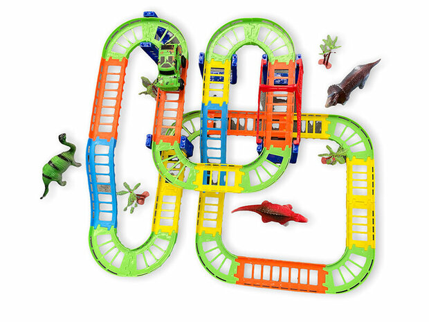 Dinosaurus Racebaan - Track set 60 stuks - inclusief dino&#039;s + auto en toebehoren