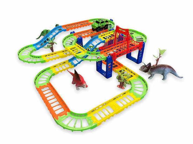 Ensemble de piste de course Dinosaurus - Ensemble de voiture de piste de dinosaure 60 pi&egrave;ces - y compris les dinosaures + la voiture et les accessoires