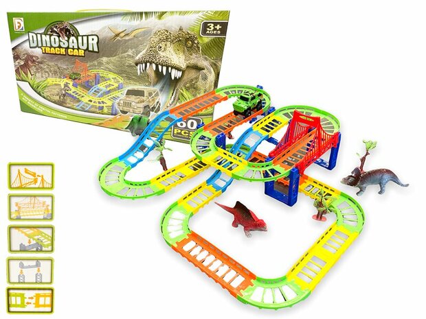 Ensemble de piste de course Dinosaurus - Ensemble de voiture de piste de dinosaure 60 pi&egrave;ces - y compris les dinosaures + la voiture et les accessoires