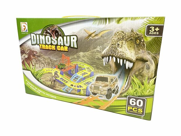 Ensemble de piste de course Dinosaurus - Ensemble de voiture de piste de dinosaure 60 pi&egrave;ces - y compris les dinosaures + la voiture et les accessoires