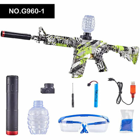 Gel Blaster - Fusil &eacute;lectrique - Green Graffiti M4 - set complet avec billes de gel - rechargeable - 75CM