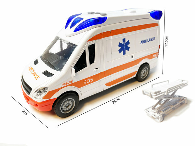 Ambulance 112 speelgoed voertuig pull back aandrijving met sirene-geluid en lichtjes op.