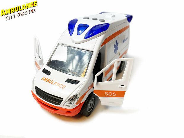 Ambulance 112 toy vehicle - pull back drive - with siren sound and lights on - 25 cm