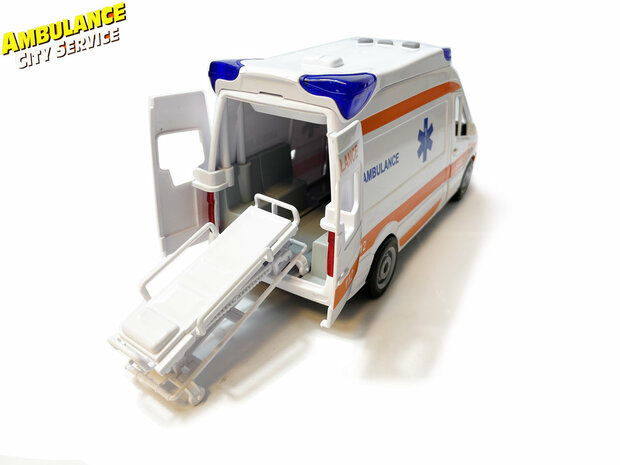 Ambulance 112 toy vehicle - pull back drive - with siren sound and lights on - 25 cm