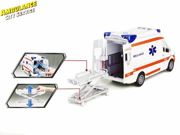 Ambulance 112 toy vehicle - pull back drive - with siren sound and lights on - 25 cm