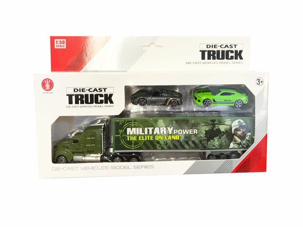 Car transporter with 2 cars - military truck 1:58 - DIE-CAST TRUCK SERIES - model cars