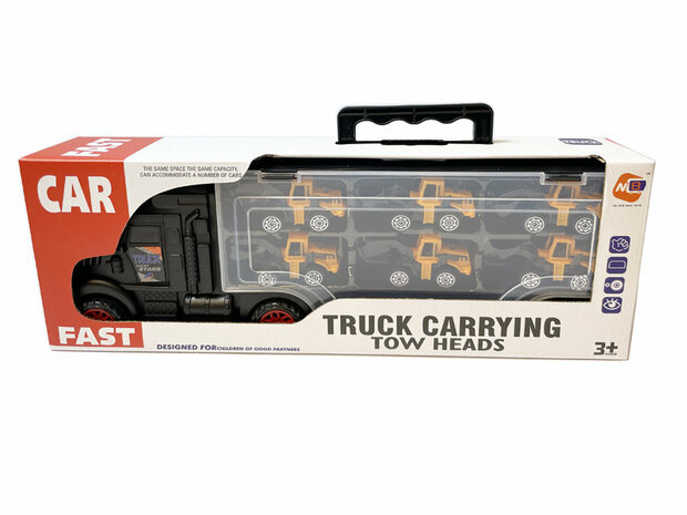 Car transporter with 2 cars - Tank truck 1:58 - DIE-CAST TRUCK SERIES - model cars Transport your cars in a safe way with this transporter! The car can transport no less than 2 cars. With this sturdy car transporter you can no