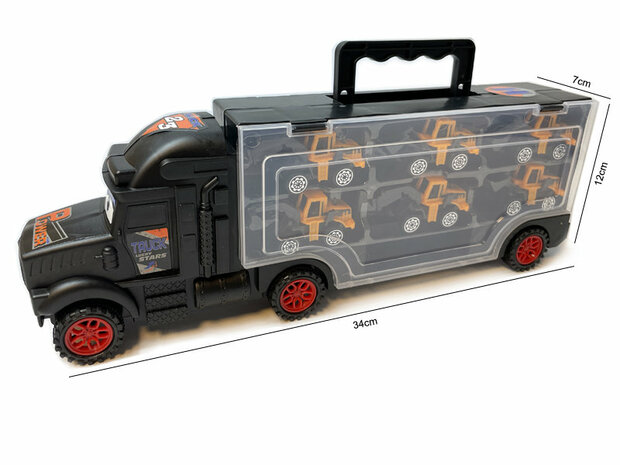 Car transporter with 2 cars - Tank truck 1:58 - DIE-CAST TRUCK SERIES - model cars Transport your cars in a safe way with this transporter! The car can transport no less than 2 cars. With this sturdy car transporter you can no