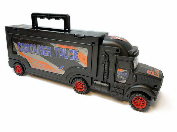 Car transporter with 2 cars - Tank truck 1:58 - DIE-CAST TRUCK SERIES - model cars Transport your cars in a safe way with this transporter! The car can transport no less than 2 cars. With this sturdy car transporter you can no