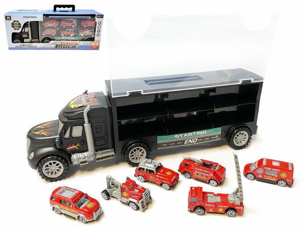 Fire truck transporter truck - toy mini fire trucks - 6-piece set suitcase - Trailer for 12 fire trucks - 39cm