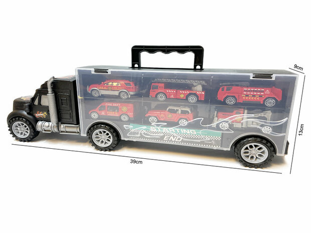 Brandweer vrachtwagen transporter truck - speelgoed mini brandweerauto&#039;s - 6-delig set koffer - Oplegger voor 12 brandweerwagens - 39cm