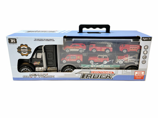 Brandweer vrachtwagen transporter truck - speelgoed mini brandweerauto&#039;s - 6-delig set koffer - Oplegger voor 12 brandweerwagens - 39cm