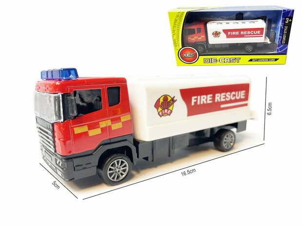 Fire truck TS- Toy fire engine Tanker sprayer - pull-back drive - 16.5 CM Die-Cast metal Alloy fire truck is made of high quality. This fire truck is fun to play with and can drive forward automatically thanks to the pull-back