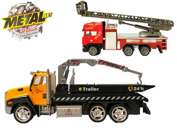 Vrachtwagen autotransporter + brandweerauto speelgoed set - Die Cast 