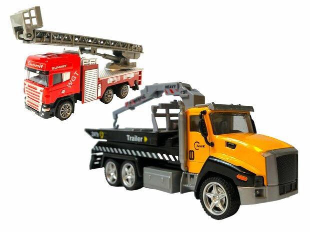 Vrachtwagen autotransporter + brandweerauto speelgoed set - Die Cast 