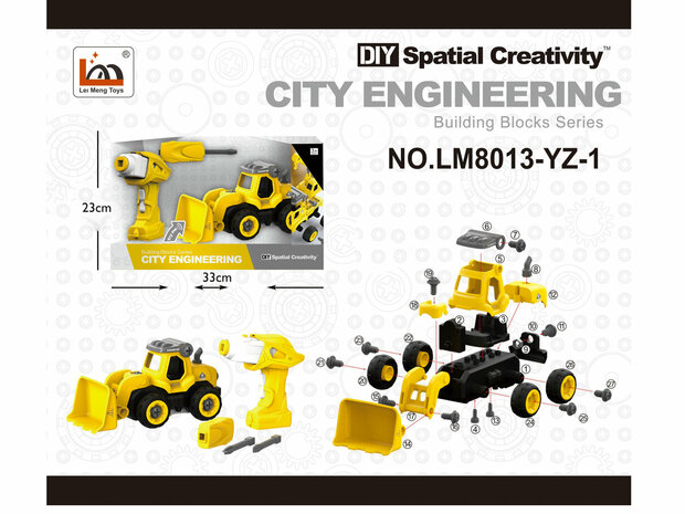 Bulldozer pelle DIY RC - kit de construction 24 pi&egrave;ces - 4en1 - t&eacute;l&eacute;commande et perceuse &agrave; vis - City Engineering