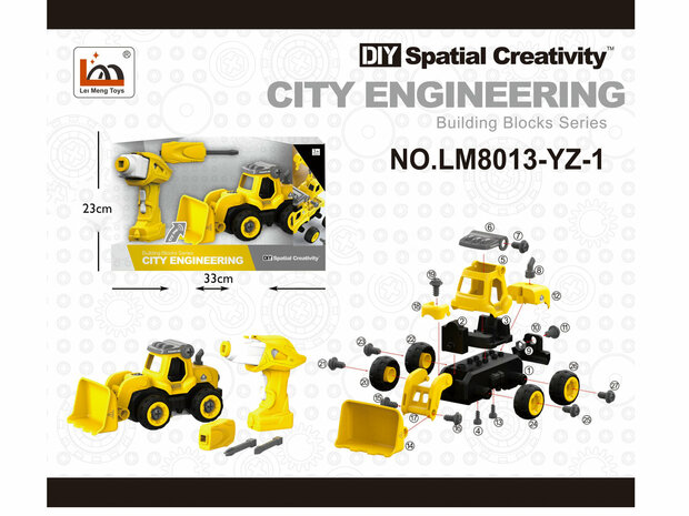 DIY RC graafmachine bulldozer - bouwset 24 stuks - 4in1 - afstandsbediening en schroefboormachine - City Engineering