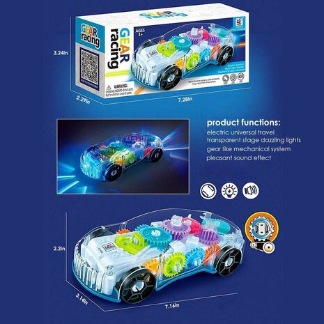 Gear Racing Car - voiture jouet - transparent - musique et lumi&egrave;res LED - peut conduire automatiquement - 18CM