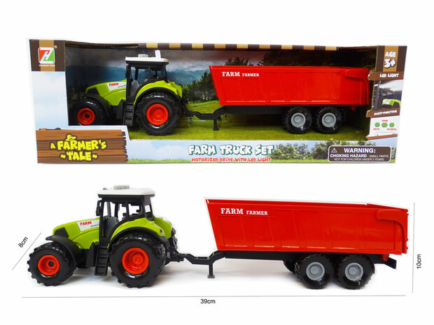 Landbouw tractor met kiepende aanhangwagen - met geluid en lichtjes - 38CM