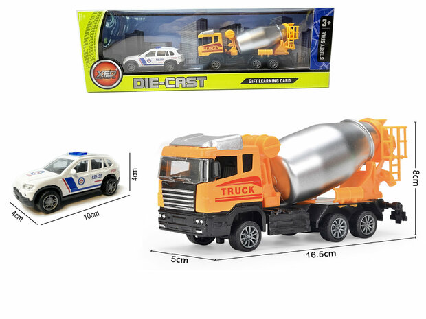 Mixer vrachtwagen + politieauto speelgoed set - Die Cast voertuigen Gift pack 2in1 - pull-back drive 