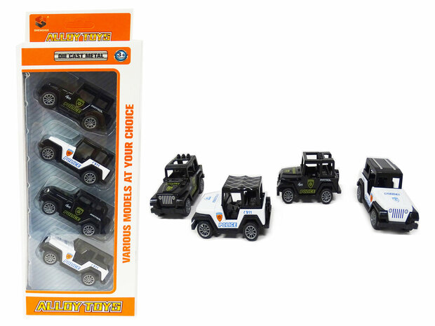 Voitures miniatures 4 pi&egrave;ces en pack - Voitures en m&eacute;tal moul&eacute; sous pression - Mini voitures en m&eacute;tal - Jouets en alliage - mini jeeps de police jouet