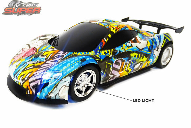RC-Auto mit LED-Scheinwerfern 1:16 &ndash; Sportwagen mit Radiografik (28 cm)