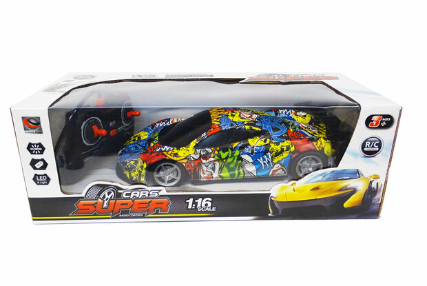 RC-Auto mit LED-Scheinwerfern 1:16 &ndash; Sportwagen mit Radiografik (28 cm)