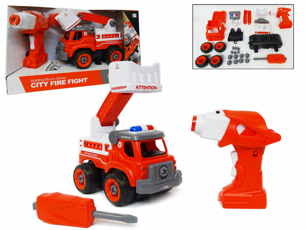 RC DIY brandweerauto speelgoed bouw set 24 stuks - 4in1 - afstandsbediening en schroefboormachine - City Fire Fight brandweerwagen