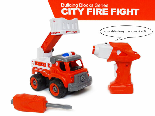 RC DIY Fire Truck Toy Construction Set 24 pi&egrave;ces - 4en1 - T&eacute;l&eacute;commande et perceuse - City Fire Fight Fire Truck