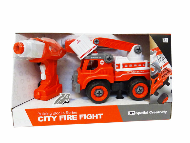 RC DIY Fire Truck Toy Construction Set 24 pi&egrave;ces - 4en1 - T&eacute;l&eacute;commande et perceuse - City Fire Fight Fire Truck