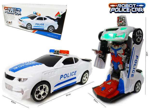 Roboter-Polizeiauto 2-in-1-Roboter und automatischer Autotransformator f&uuml;r die Polizei &ndash; LED-Licht und Fl&uuml;ssigkeit 22 cm