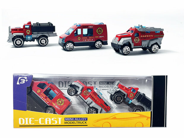 Ensemble de mini camions de pompiers - 3 pi&egrave;ces - voitures miniatures moul&eacute;es sous pression - ensemble de mini v&eacute;hicules en alliage