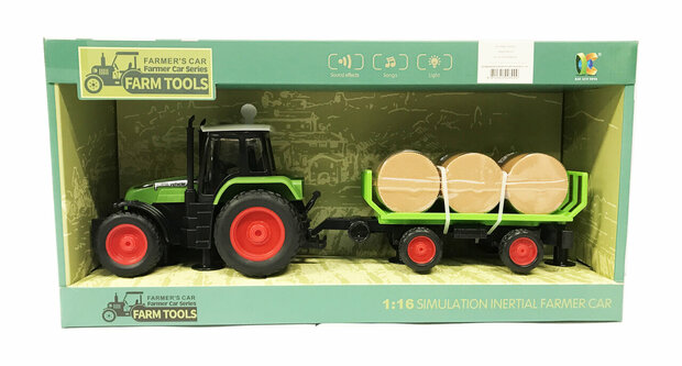 Toy tractor with trailer for hay - makes 3 types of sounds and lights - 39CM tractor